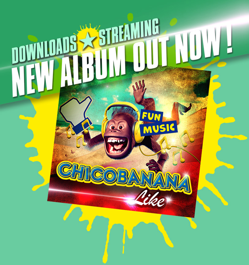 Crazy excited and happy orangutang saying: Stream Chicobananas full album LIKE now!